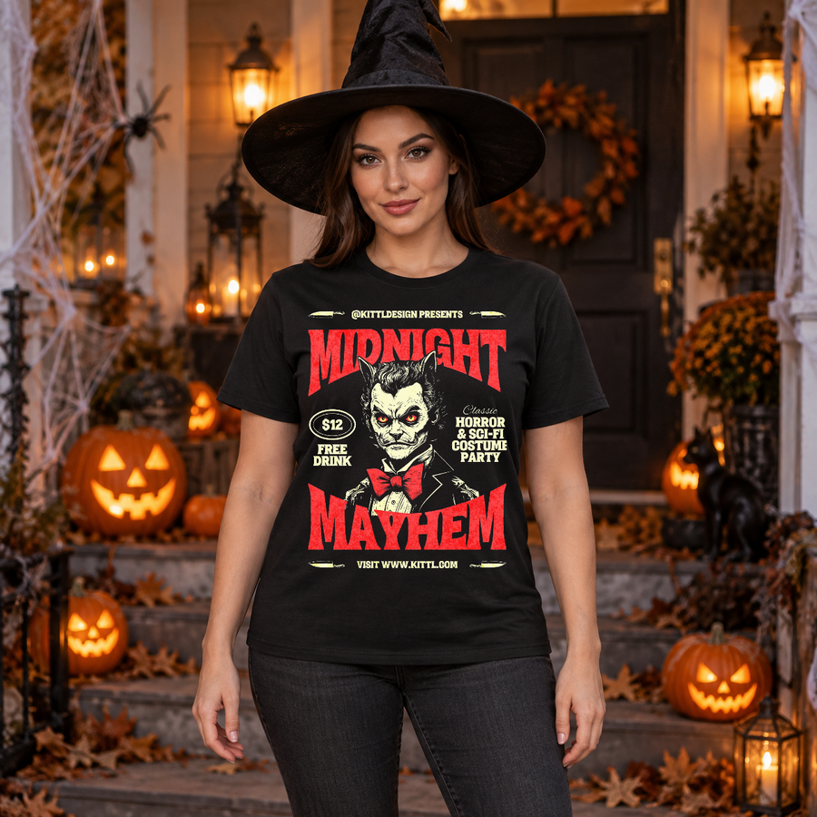 Retro Midnight Mayhem Halloween Costume Party T-Shirt – Halloween Streetwear Graphic Graphic Tee - Color: black