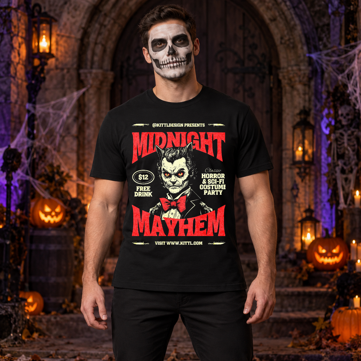 Retro Midnight Mayhem Halloween Costume Party T-Shirt – Halloween Streetwear Graphic Graphic Tee - Color: black