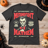 Retro Midnight Mayhem Halloween Costume Party T-Shirt – Halloween Streetwear Graphic Graphic Tee - Color: charcoal