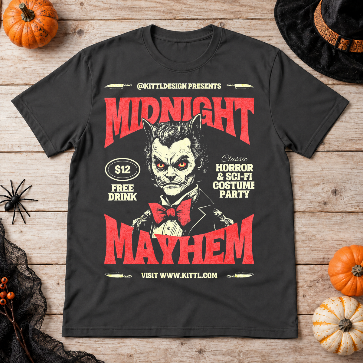 Retro Midnight Mayhem Halloween Costume Party T-Shirt – Halloween Streetwear Graphic Graphic Tee - Color: charcoal