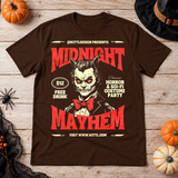 Retro Midnight Mayhem Halloween Costume Party T-Shirt – Halloween Streetwear Graphic Graphic Tee - Color: chocolate