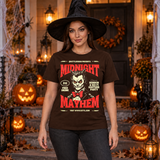 Retro Midnight Mayhem Halloween Costume Party T-Shirt – Halloween Streetwear Graphic Graphic Tee - Color: chocolate