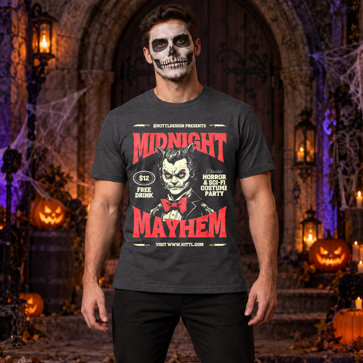 Retro Midnight Mayhem Halloween Costume Party T-Shirt – Halloween Streetwear Graphic Graphic Tee - Color: dark heather