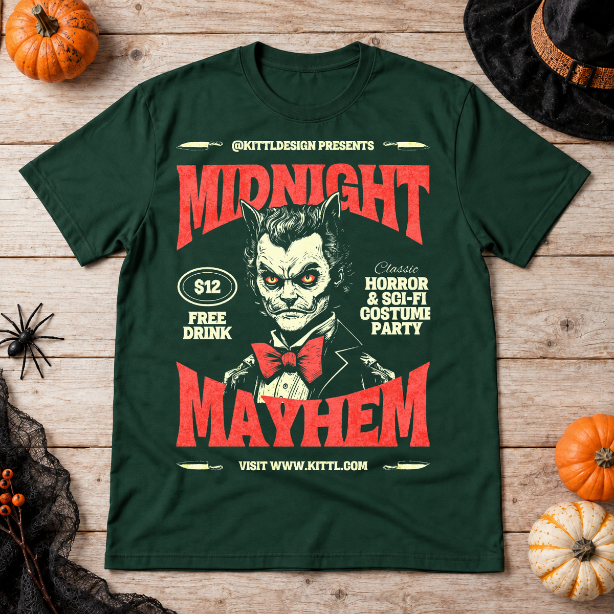 Retro Midnight Mayhem Halloween Costume Party T-Shirt – Halloween Streetwear Graphic Graphic Tee - Color: forest green