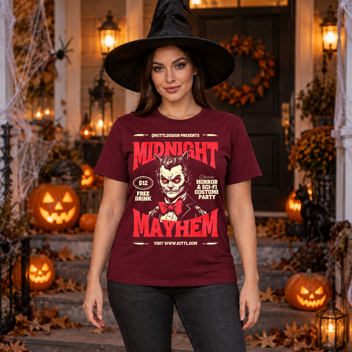 Retro Midnight Mayhem Halloween Costume Party T-Shirt – Halloween Streetwear Graphic Graphic Tee - Color: maroon