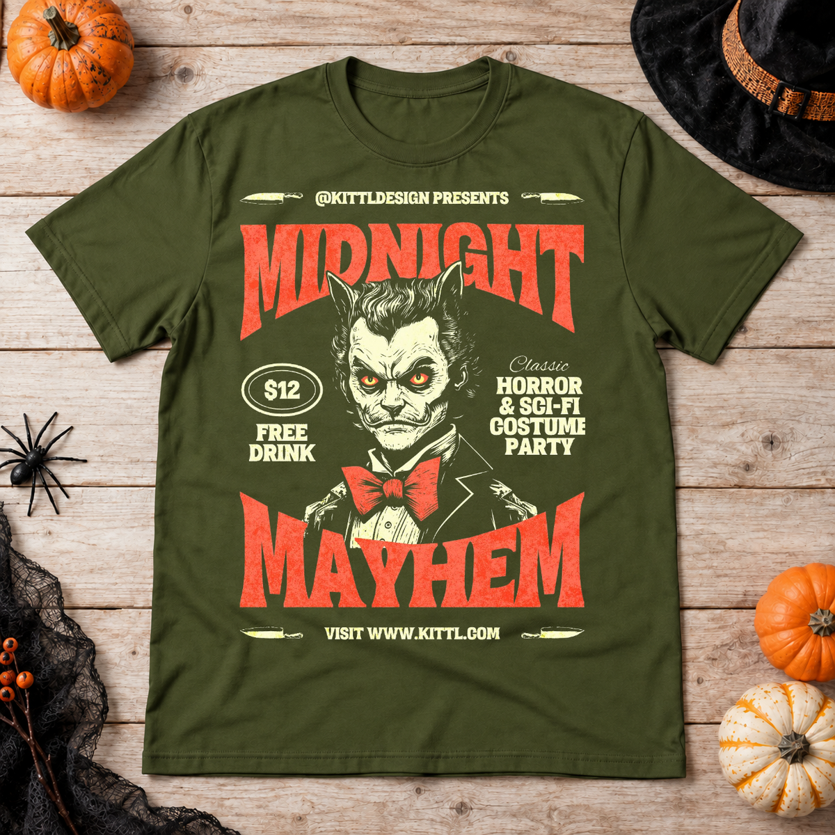 Retro Midnight Mayhem Halloween Costume Party T-Shirt – Halloween Streetwear Graphic Graphic Tee - Color: military green