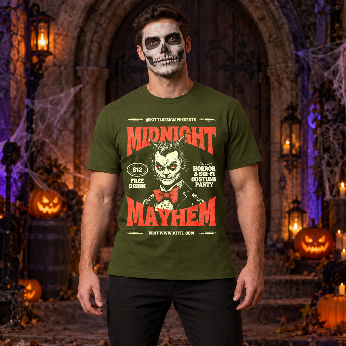Retro Midnight Mayhem Halloween Costume Party T-Shirt – Halloween Streetwear Graphic Graphic Tee - Color: military green