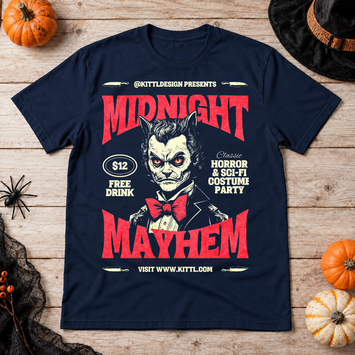 Retro Midnight Mayhem Halloween Costume Party T-Shirt – Halloween Streetwear Graphic Graphic Tee - Color: navy