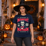 Retro Midnight Mayhem Halloween Costume Party T-Shirt – Halloween Streetwear Graphic Graphic Tee - Color: navy