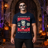 Retro Midnight Mayhem Halloween Costume Party T-Shirt – Halloween Streetwear Graphic Graphic Tee - Color: navy