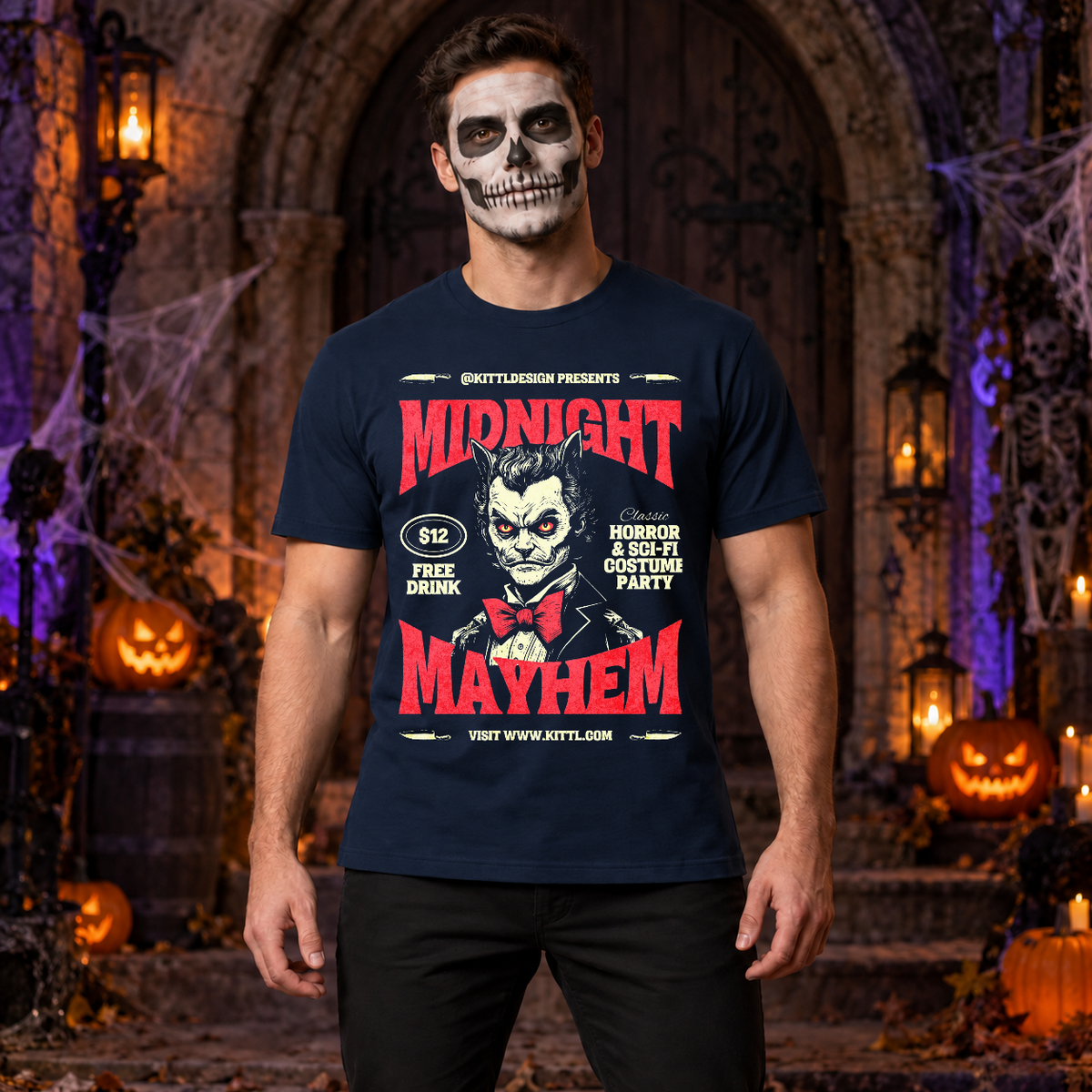 Retro Midnight Mayhem Halloween Costume Party T-Shirt – Halloween Streetwear Graphic Graphic Tee - Color: navy