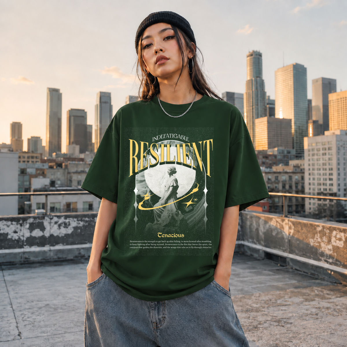 Risilient Indefatigable Statue T-Shirt – Dark Art / Renaissance Aesthetic Graphic Tee - Color: Forest Green