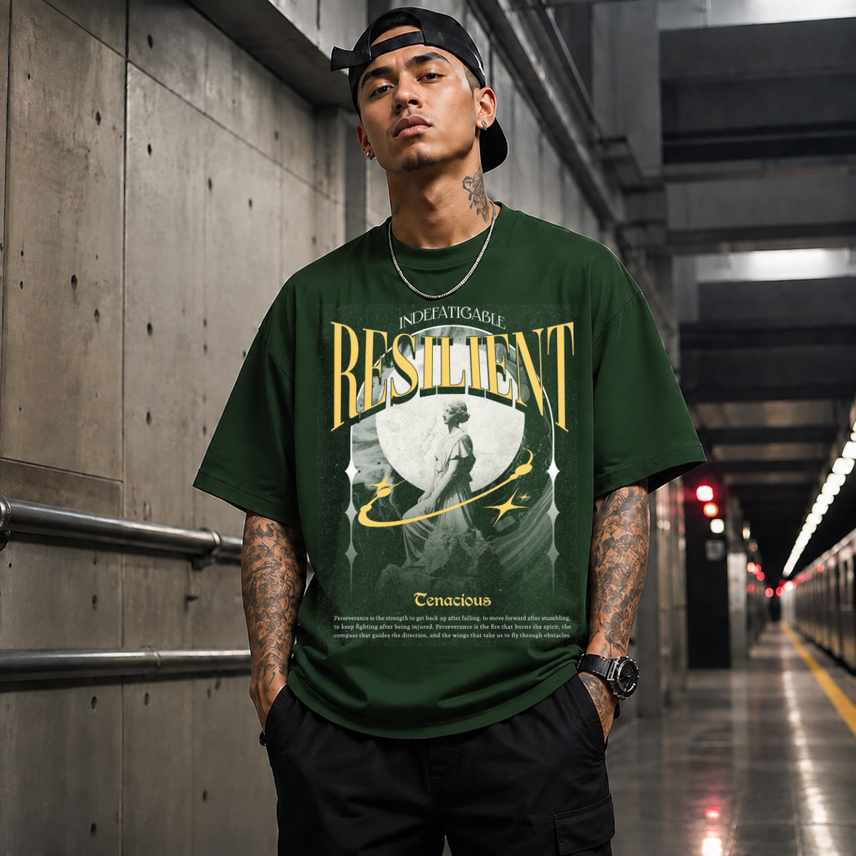 Risilient Indefatigable Statue T-Shirt – Dark Art / Renaissance Aesthetic Graphic Tee - Color: Forest Green