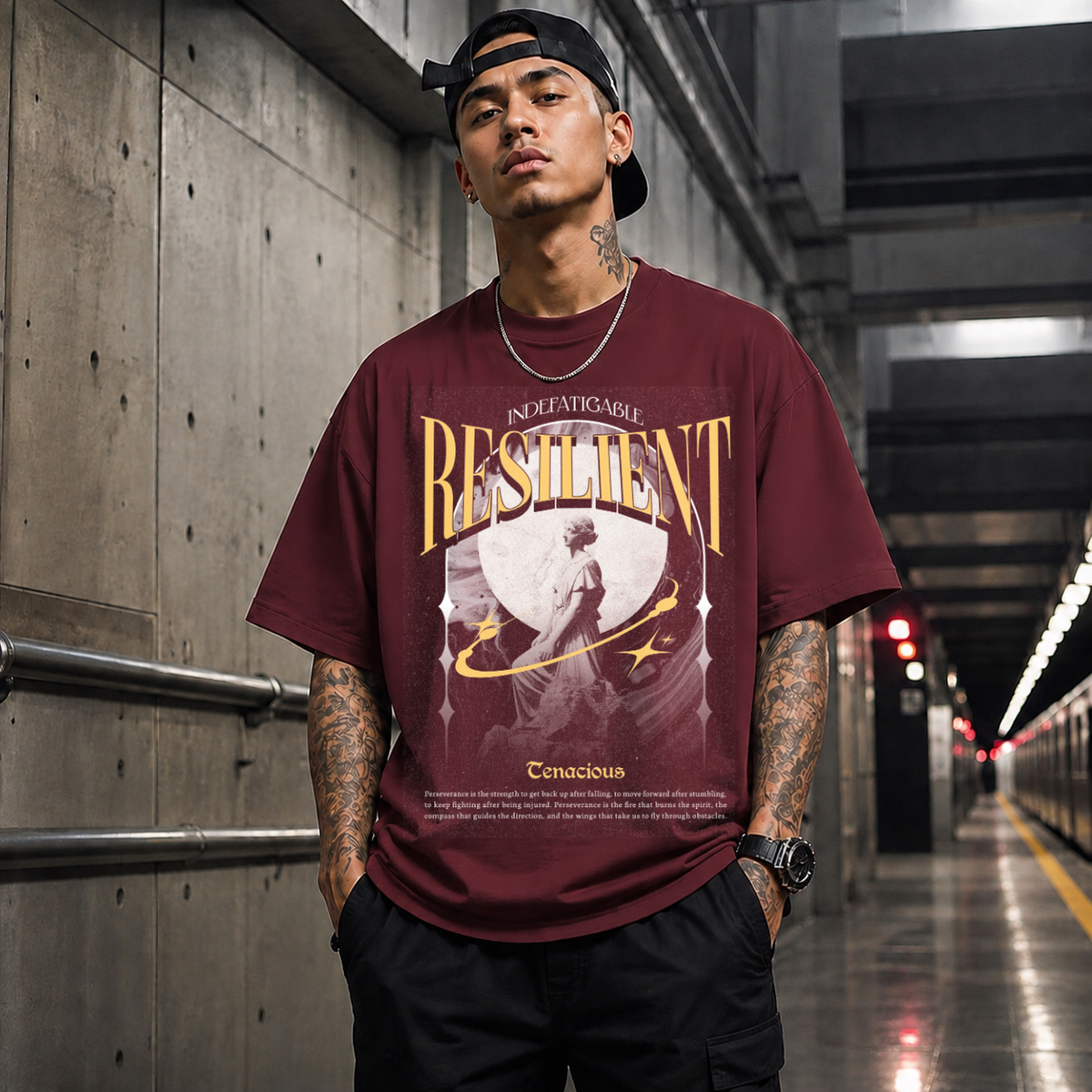 Risilient Indefatigable Statue T-Shirt – Dark Art / Renaissance Aesthetic Graphic Tee - Color: Maroon