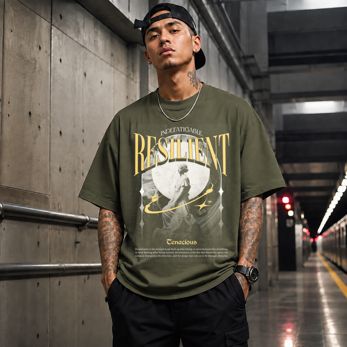 Risilient Indefatigable Statue T-Shirt – Dark Art / Renaissance Aesthetic Graphic Tee - Color: Military Green