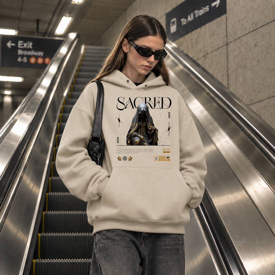 Sacred Hooded Figure Hoodie – Dark Editorial / Gothic Streetwear Hoodie - Color: sand