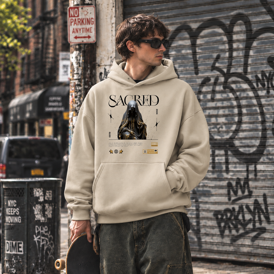 Sacred Hooded Figure Hoodie – Dark Editorial / Gothic Streetwear Hoodie - Color: sand