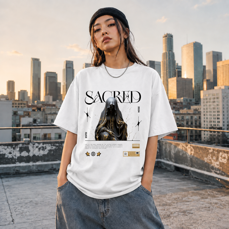 Sacred Hooded Figure T-Shirt – Dark Editorial / Gothic Streetwear Tee - Color: ash