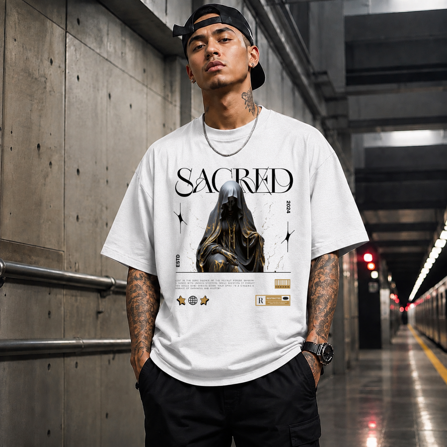 Sacred Hooded Figure T-Shirt – Dark Editorial / Gothic Streetwear Tee - Color: ash