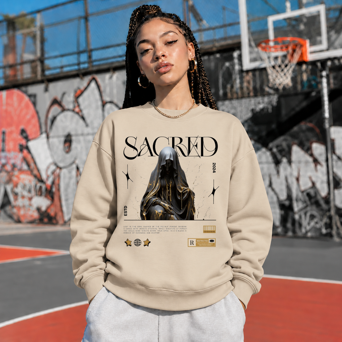 Sacred Hooded Figure T-Shirt – Dark Editorial / Gothic Streetwear Tee - Color: sand