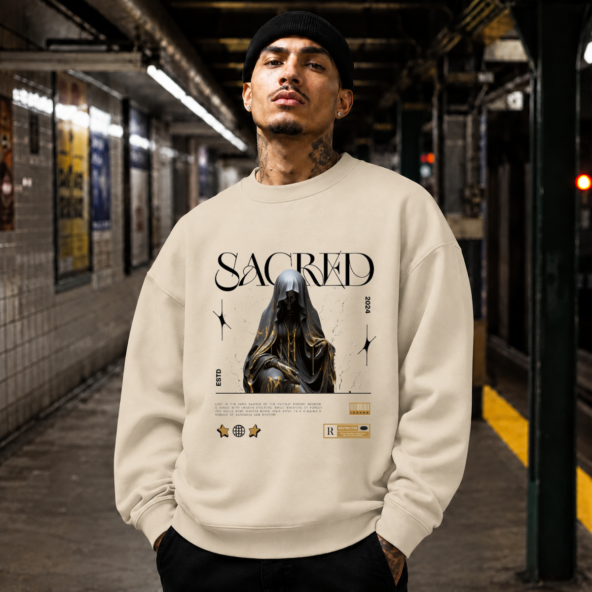 Sacred Hooded Figure T-Shirt – Dark Editorial / Gothic Streetwear Tee - Color: sand