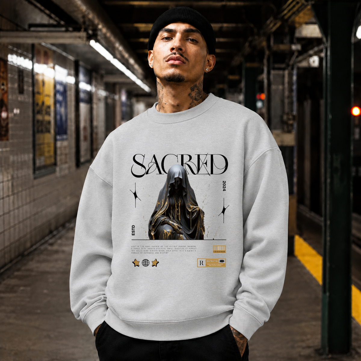 Sacred Hooded Figure T-Shirt – Dark Editorial / Gothic Streetwear Tee - Color: sport grey