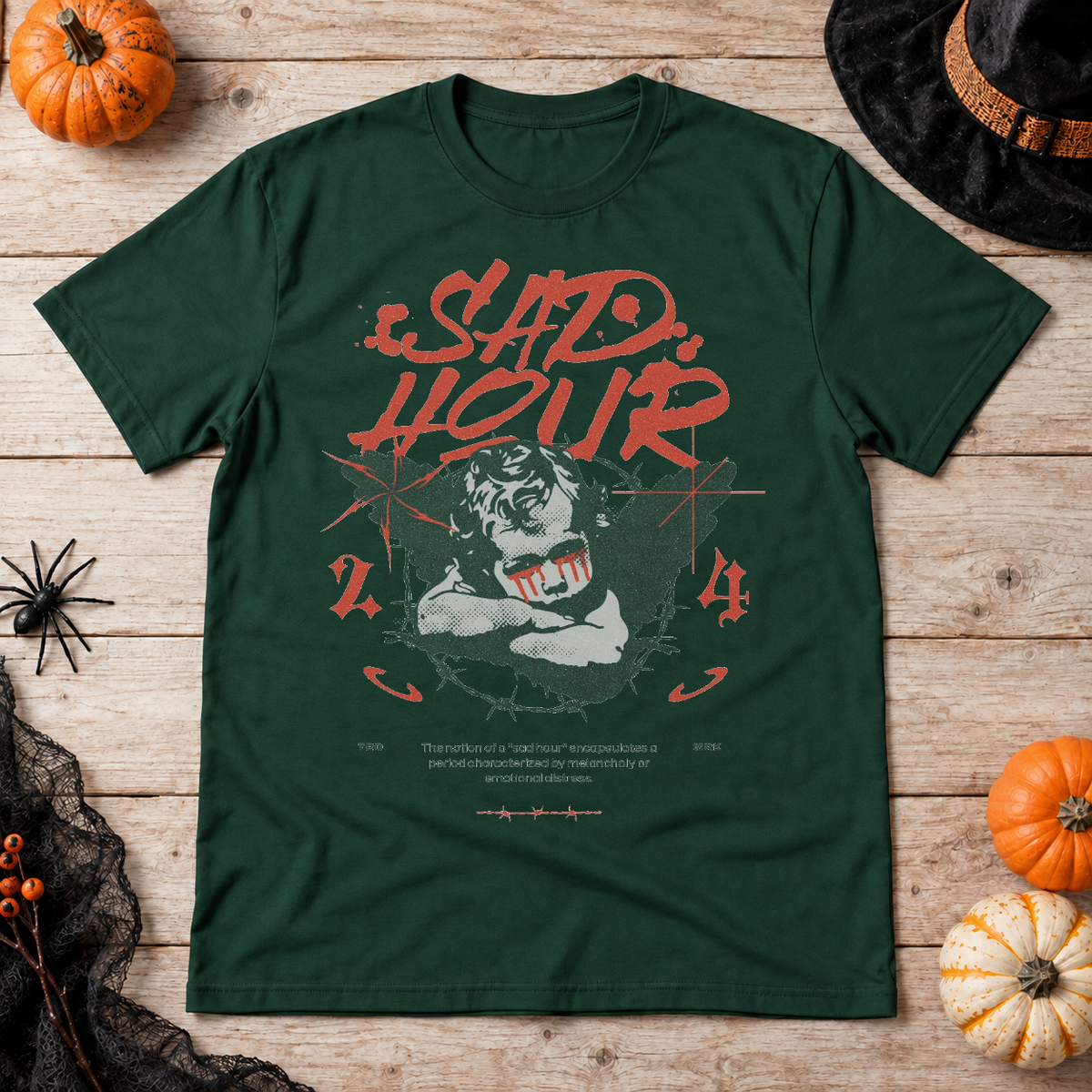 Sad Hour T-Shirt – Dark Editorial Graphic Design Graphic Tee - Color: forest green