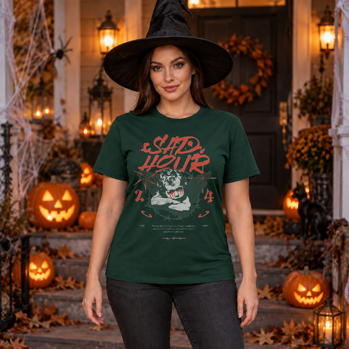 Sad Hour T-Shirt – Dark Editorial Graphic Design Graphic Tee - Color: forest green