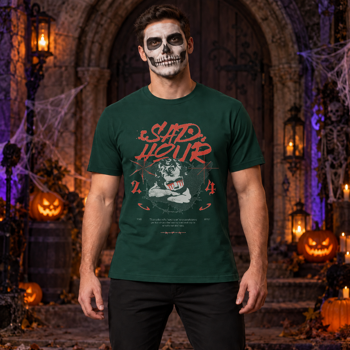 Sad Hour T-Shirt – Dark Editorial Graphic Design Graphic Tee - Color: forest green