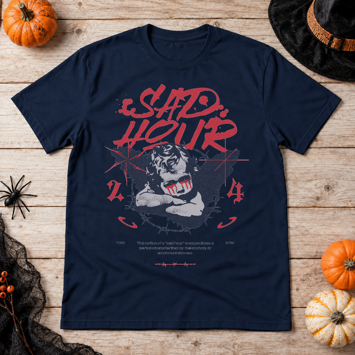 Sad Hour T-Shirt – Dark Editorial Graphic Design Graphic Tee - Color: navy
