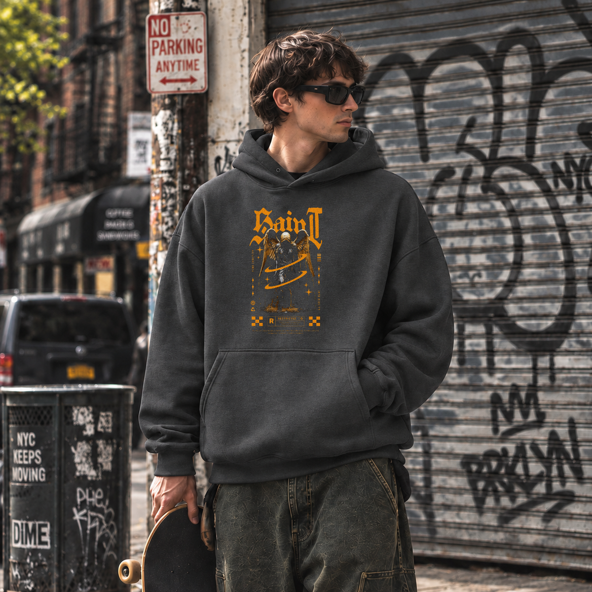 Saint Gold Reaper Angel Hoodie – Gothic Streetwear Poster Graphic Hoodie - Color: dark heather