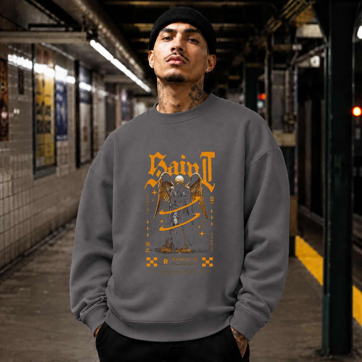 Saint Gold Reaper Angel T-Shirt – Gothic Streetwear Poster Graphic Tee - Color: charcoal