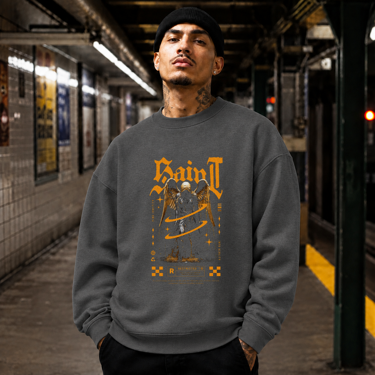 Saint Gold Reaper Angel T-Shirt – Gothic Streetwear Poster Graphic Tee - Color: dark heather
