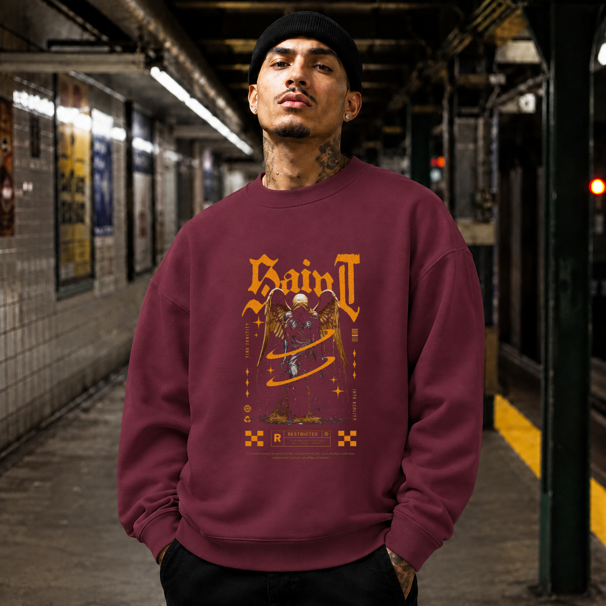 Saint Gold Reaper Angel T-Shirt – Gothic Streetwear Poster Graphic Tee - Color: maroon