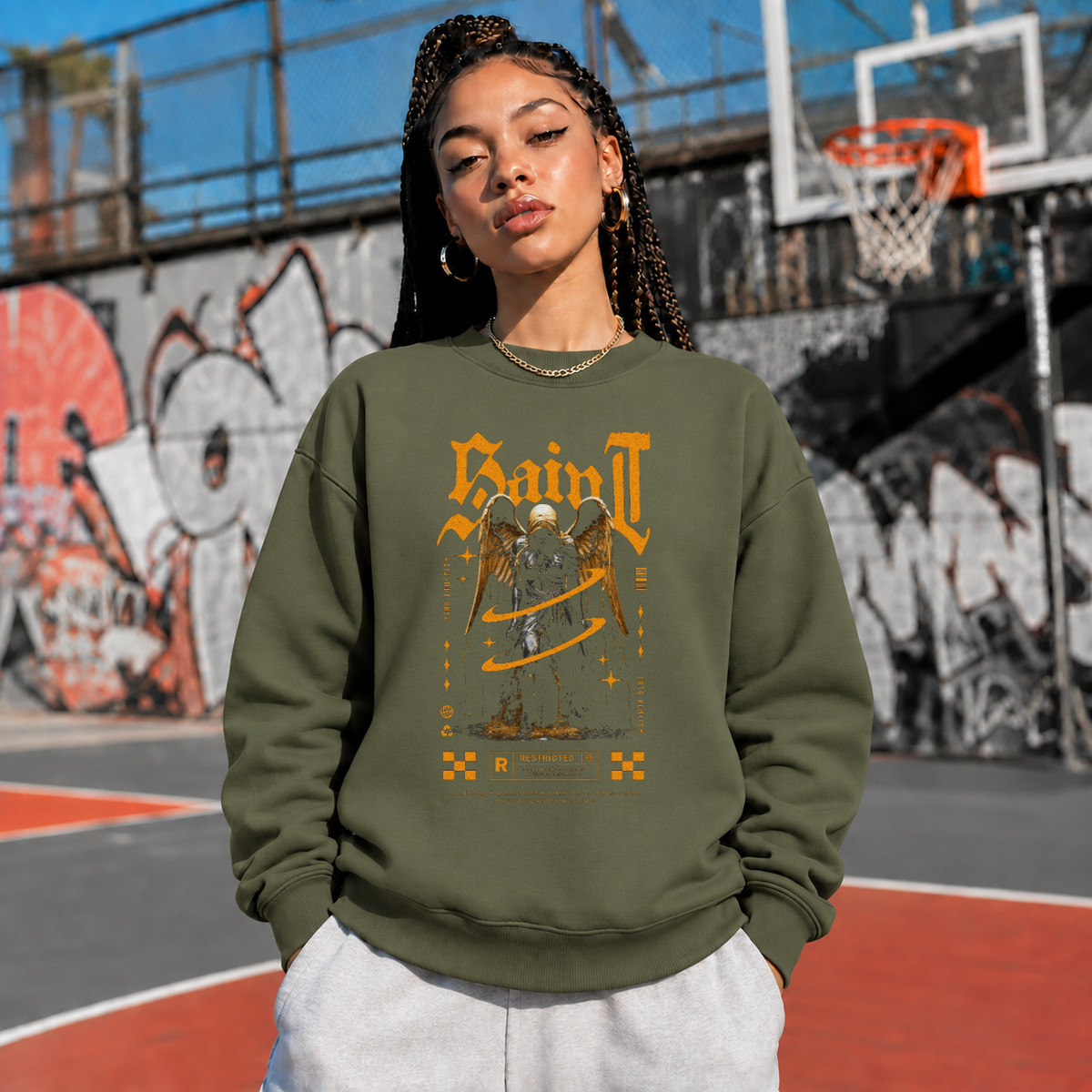 Saint Gold Reaper Angel T-Shirt – Gothic Streetwear Poster Graphic Tee - Color: military green