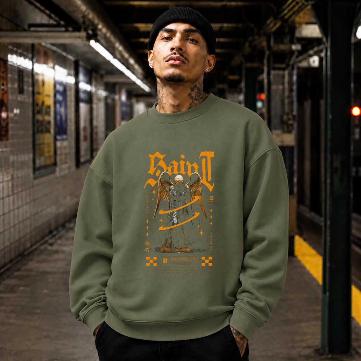 Saint Gold Reaper Angel T-Shirt – Gothic Streetwear Poster Graphic Tee - Color: military green