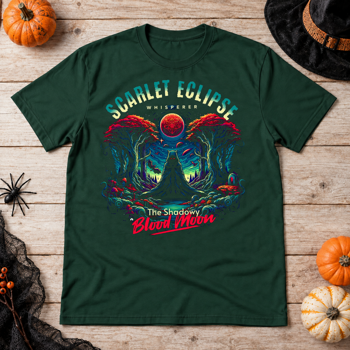 Scarlet Eclipse T-Shirt – Dark Editorial Graphic Design Graphic Tee - Color: forest green