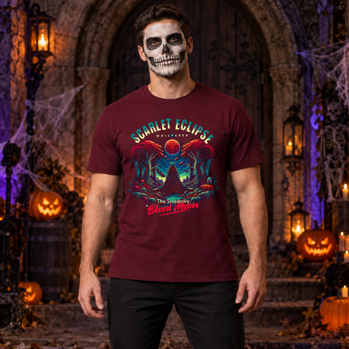 Scarlet Eclipse T-Shirt – Dark Editorial Graphic Design Graphic Tee - Color: maroon