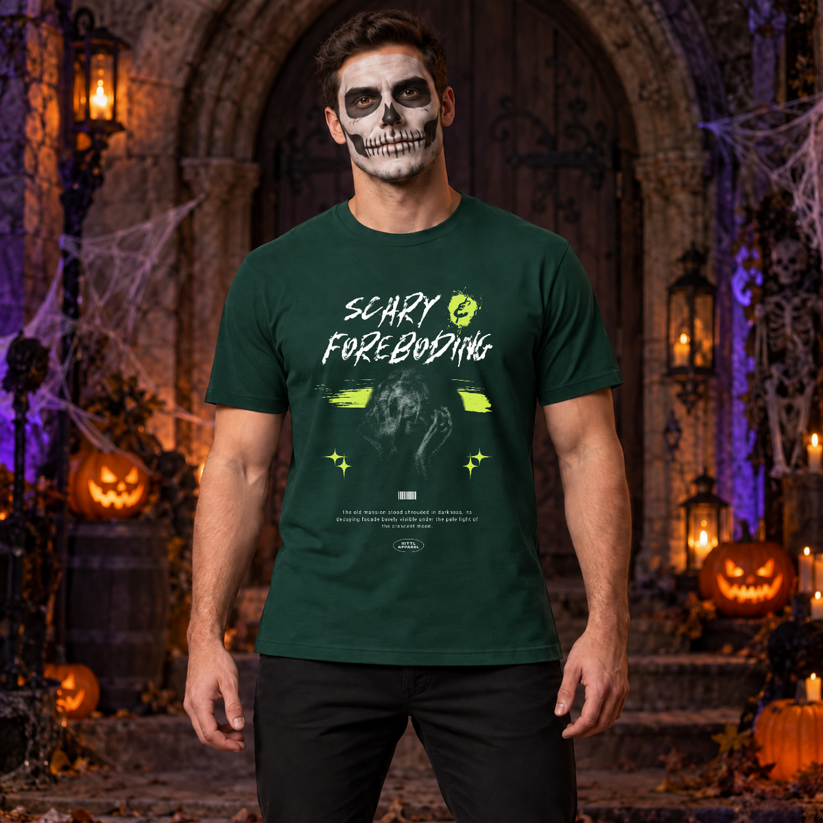 Scary - Foreboding T-Shirt – Halloween Streetwear Graphic Graphic Tee - Color: forest green