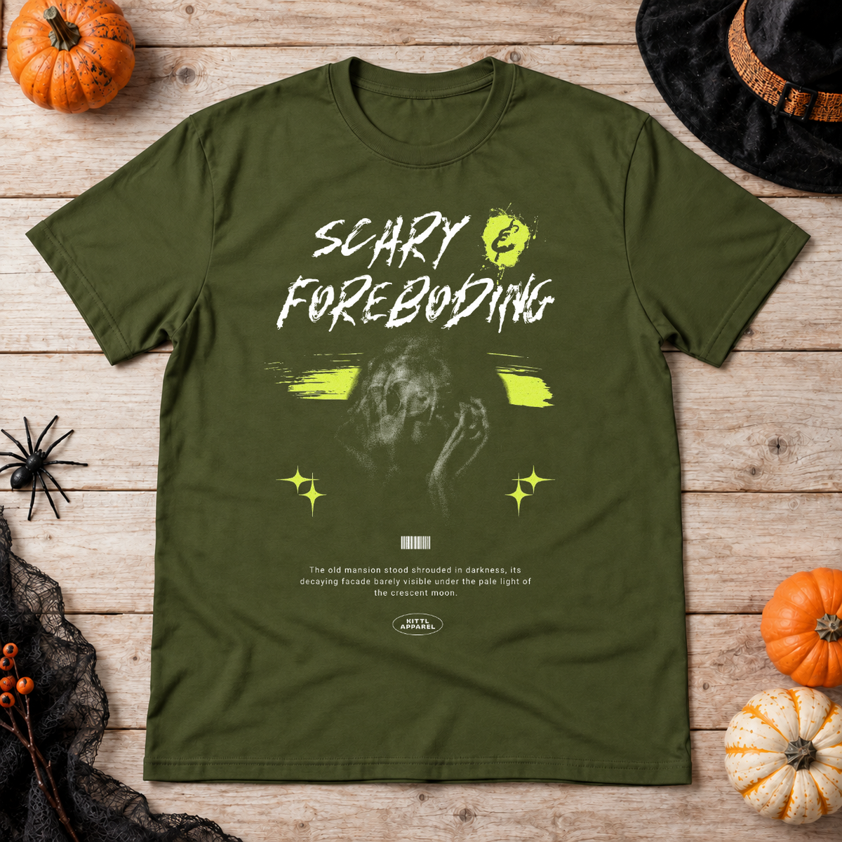 Scary - Foreboding T-Shirt – Halloween Streetwear Graphic Graphic Tee - Color: military green