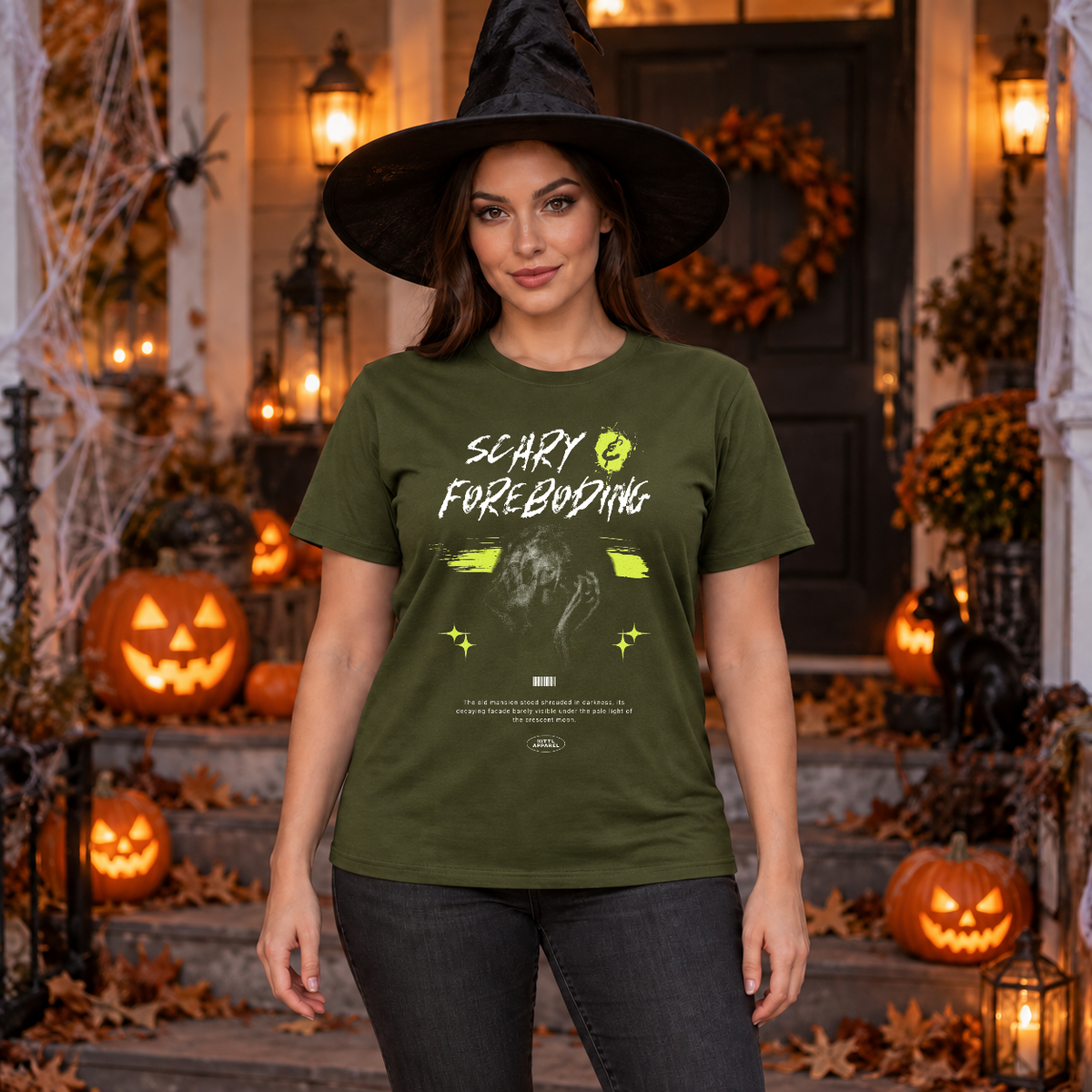 Scary - Foreboding T-Shirt – Halloween Streetwear Graphic Graphic Tee - Color: military green