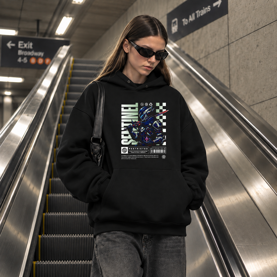 Sentinel Mecha Robot Hoodie – Contemporary Gothic Graphic Design Hoodie - Color: black