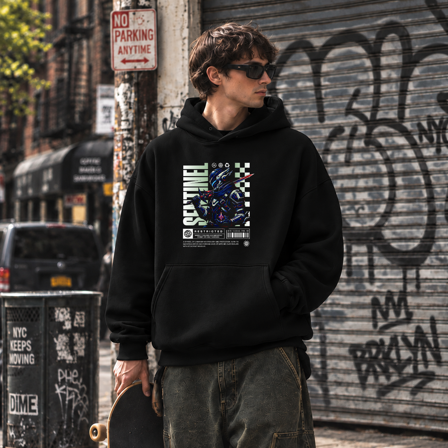 Sentinel Mecha Robot Hoodie – Contemporary Gothic Graphic Design Hoodie - Color: black