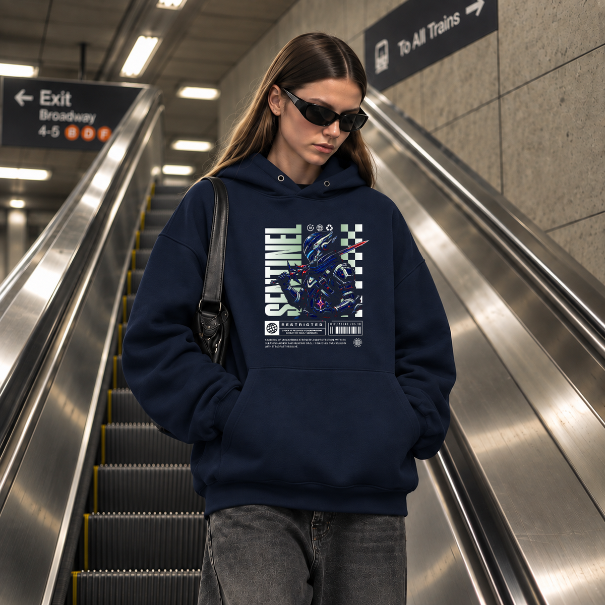 Sentinel Mecha Robot Hoodie – Contemporary Gothic Graphic Design Hoodie - Color: navy