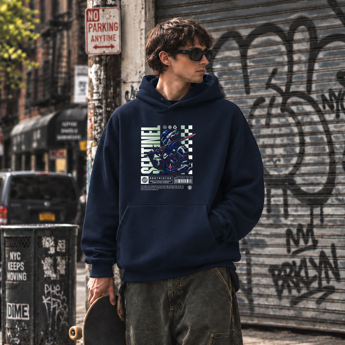 Sentinel Mecha Robot Hoodie – Contemporary Gothic Graphic Design Hoodie - Color: navy