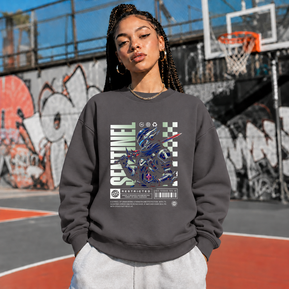 Sentinel Mecha Robot Sweatshirt – Contemporary Gothic Graphic Design Sweatshirt - Color: charcoal