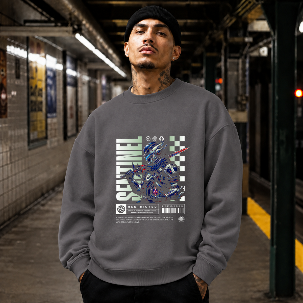 Sentinel Mecha Robot Sweatshirt – Contemporary Gothic Graphic Design Sweatshirt - Color: charcoal