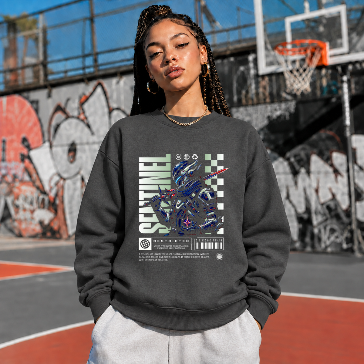 Sentinel Mecha Robot Sweatshirt – Contemporary Gothic Graphic Design Sweatshirt - Color: dark heather