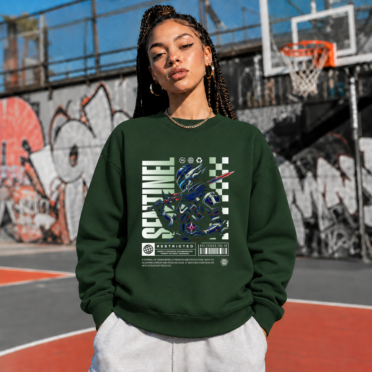 Sentinel Mecha Robot Sweatshirt – Contemporary Gothic Graphic Design Sweatshirt - Color: forest green