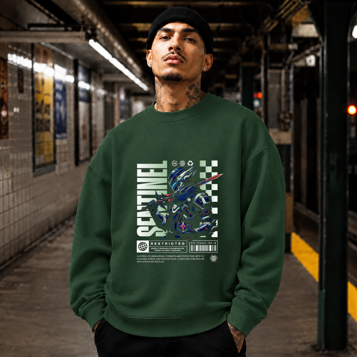 Sentinel Mecha Robot Sweatshirt – Contemporary Gothic Graphic Design Sweatshirt - Color: forest green